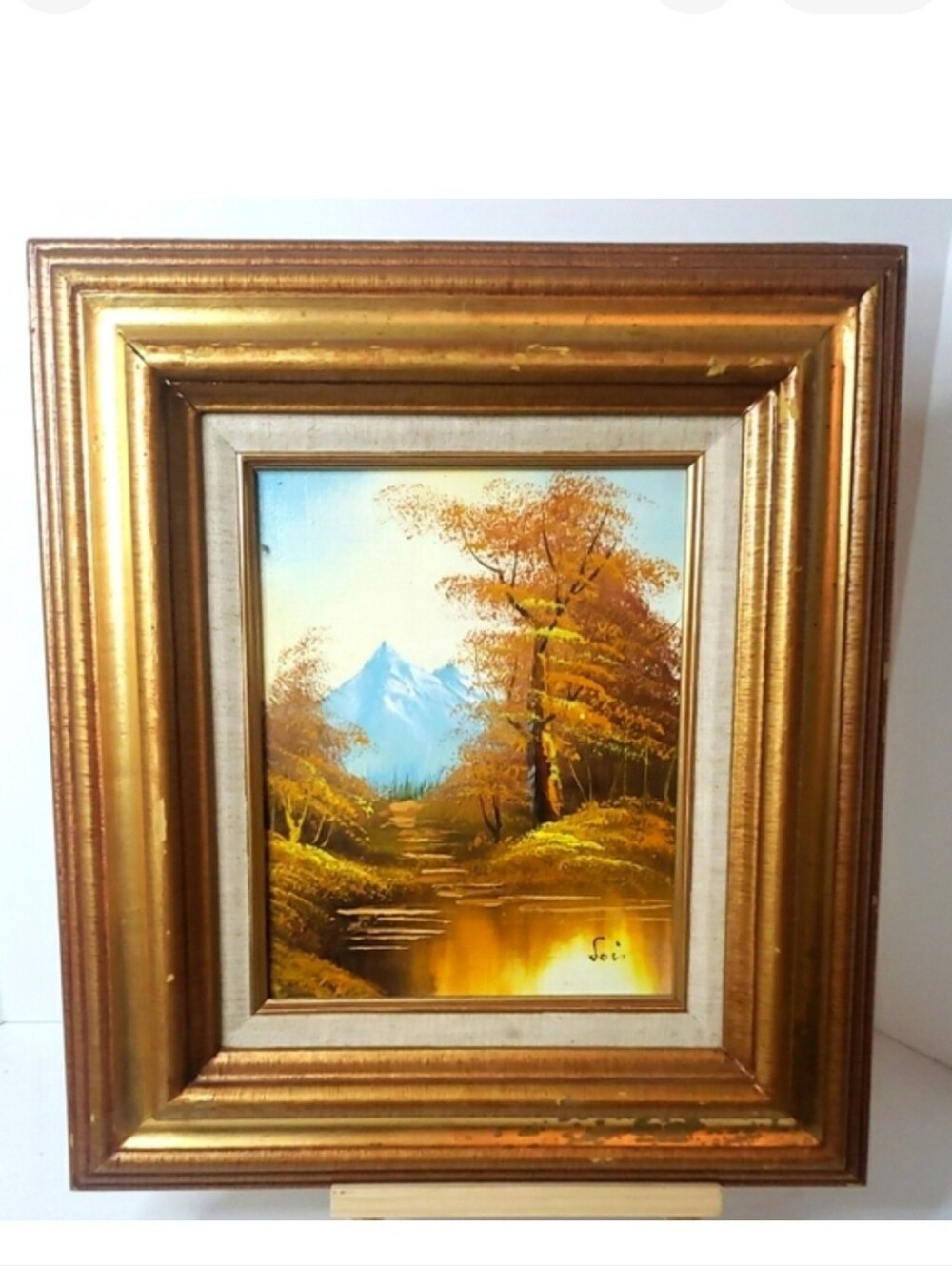 Vintage Wood Framed Fall Scenery Mountains Painting Signed Multicolor